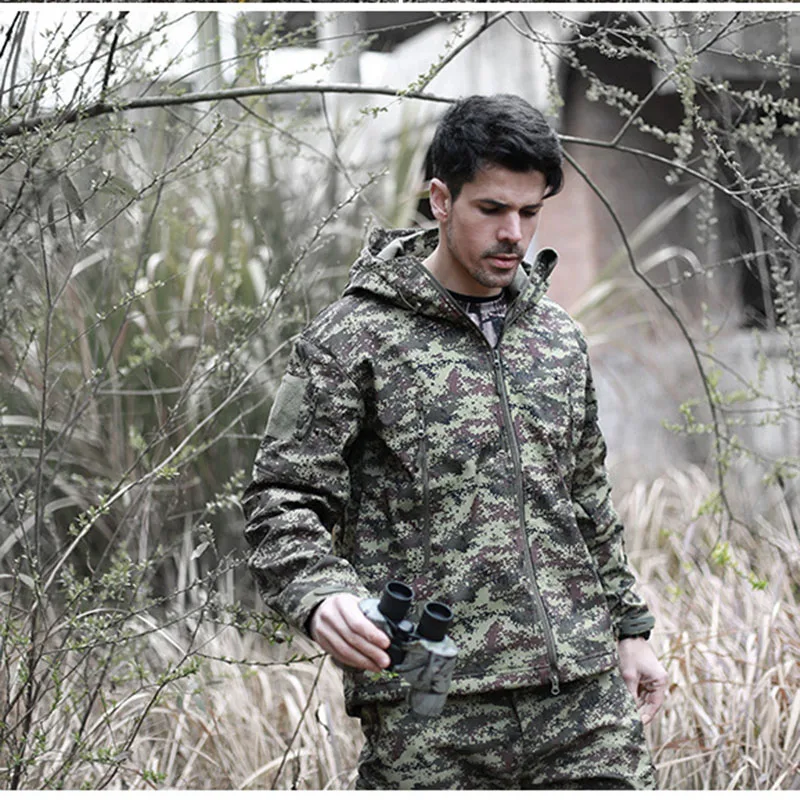 Военный TAD камуфляж Акула кожа мягкая оболочка тактические костюмы зима осень водонепроницаемый флис боевое снаряжение мужская одежда костюм BF05 - Цвет: Russian jungle