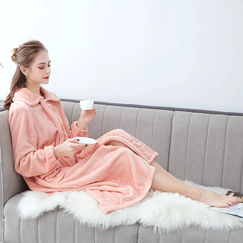 Nightdress Women Autumn and Winter Thickening and Lengthening Bathrobe Turn Down Collar Solid Color Robe De Chambre Femme