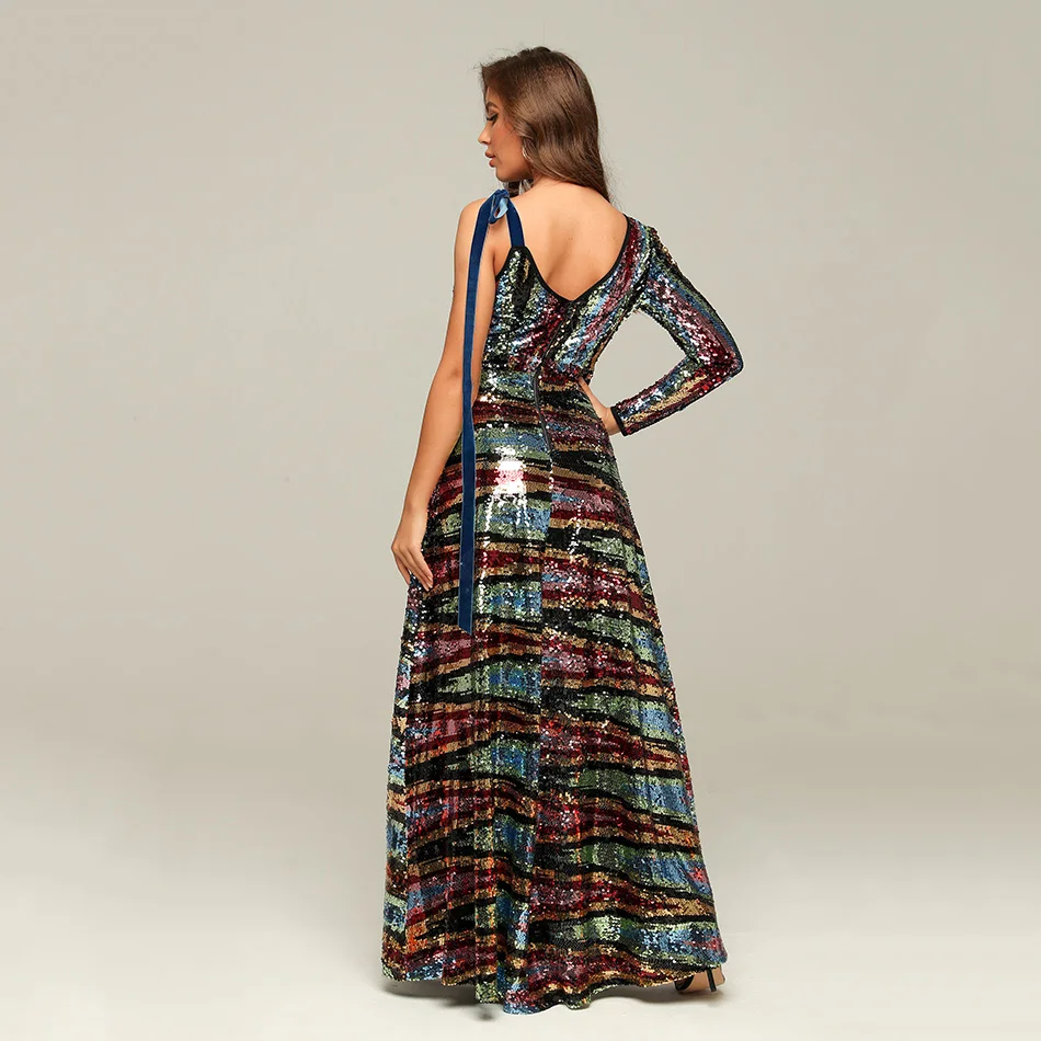 

Fashion Colorful Sequins Long Club Party Dress Sexy Round Neck One Shoulder Long Sleeve High Waist Split Dress Vestidos 2020 New