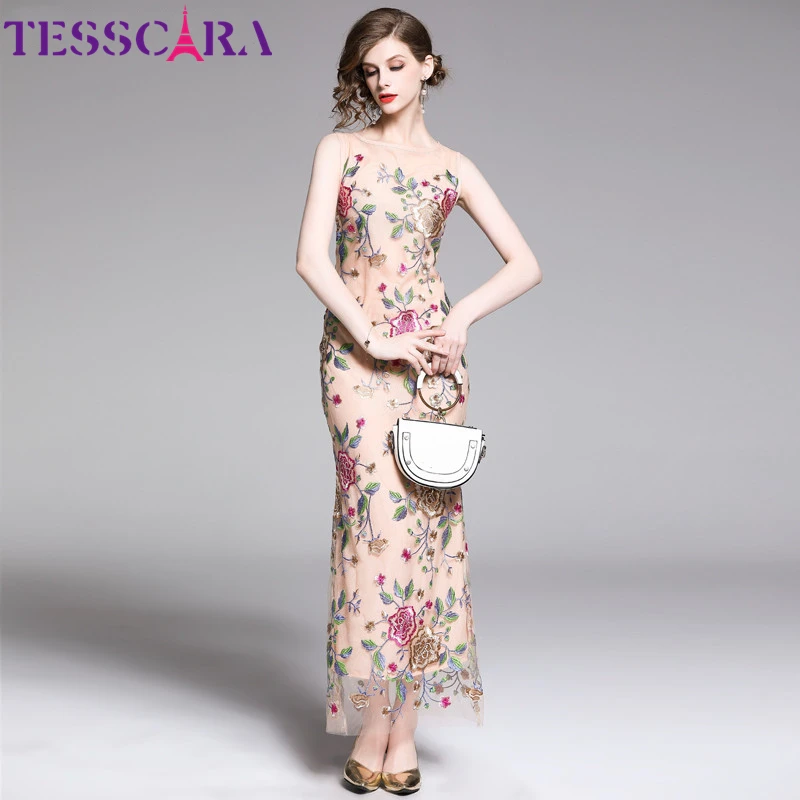 TESSCARA Women Long Maxi Embroidery Floral Mesh Dress Female Elegant Wedding Party Robe Femme Designer High Quality Vestidos | Женская