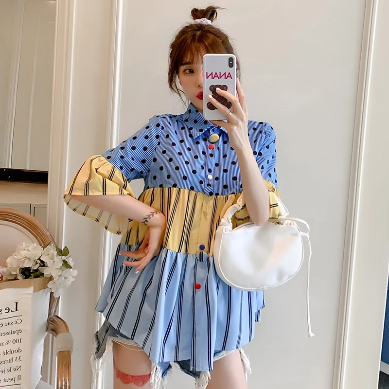 

JSXDHK Plus Size M-4XL Summer Flare Sleeve Shirt Tops 2021 New Fashion Women Wave Point Stitching Stripe Korean Loose Blouse
