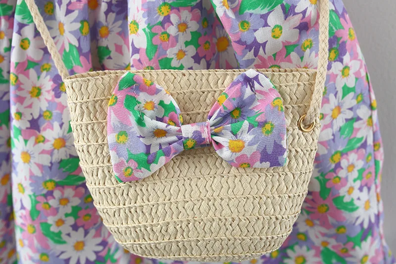 

Summer New Baby Girl Dress 4-3 Years Flower Print Sleeveless Princess Dress + Bamboo Basket Bag Suit Flower Girl Dresses