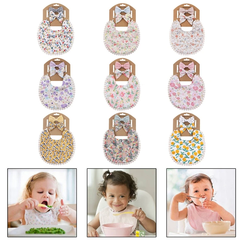 

2 Pcs Baby Headbands+ 1 Pc Tassel Saliva Towel Kit Newborn Floral Printing Bibs