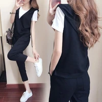 2021 european and american three piece womens short sleeved vest cropped pants casual commuter suit m 4xl