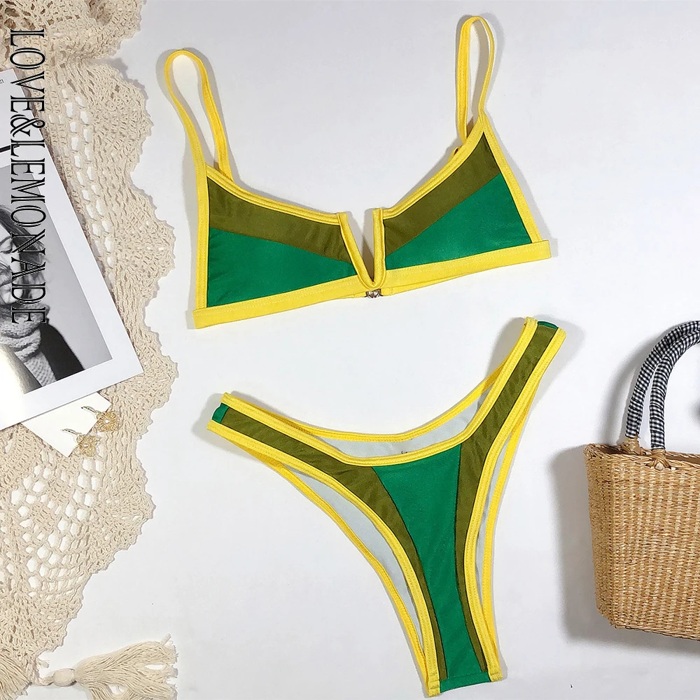 LOVE &amp LEMONADE Sexy V-Neck Green Yellow Stitching High Waist Women Bikini Swimsuit LMSW27 | Женская одежда