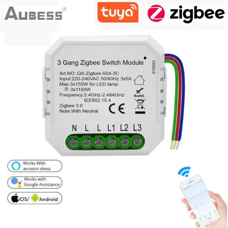 

AUBESS 1/2/3 Gang Tuya Zigbee Light Switch Module No Neutral Wired, 2 Way Control DIY Smart Breaker Works With Alexa Google Home