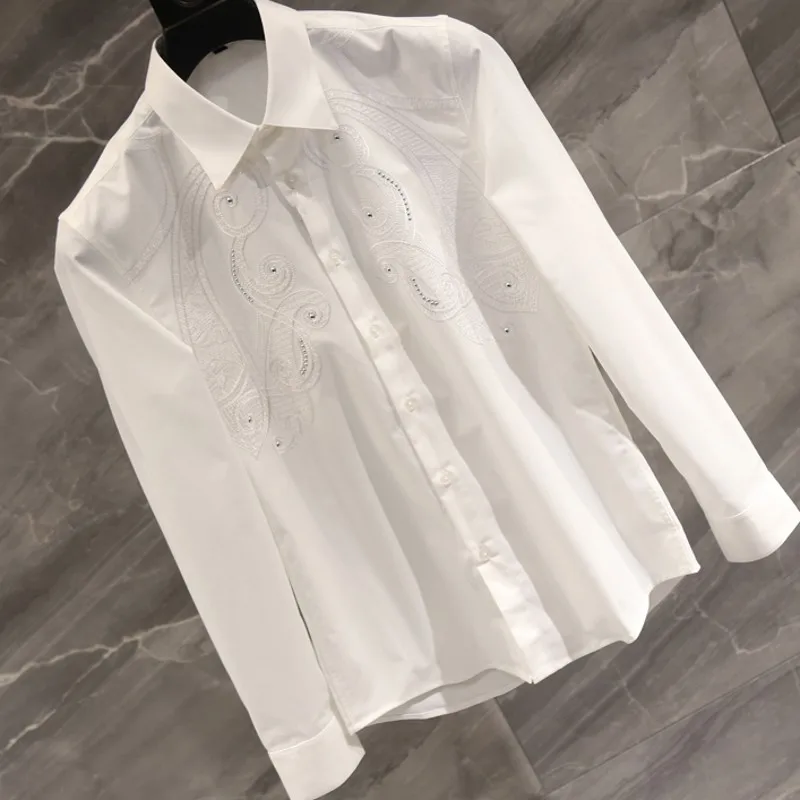 

Korean Style Mens Totem Embroidery Rivet Design Long Sleeve Turn-Down Collar Slim Casual Shirt Single Breasted Vintage Blouse
