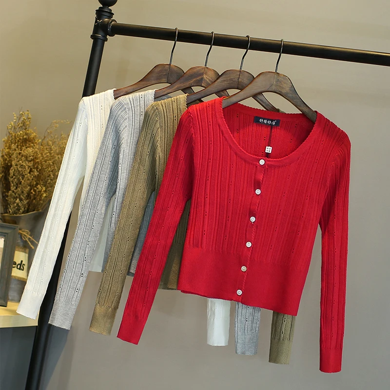 Короткий женский вязаный кардиган белый свитер корейский тонкий женские топы