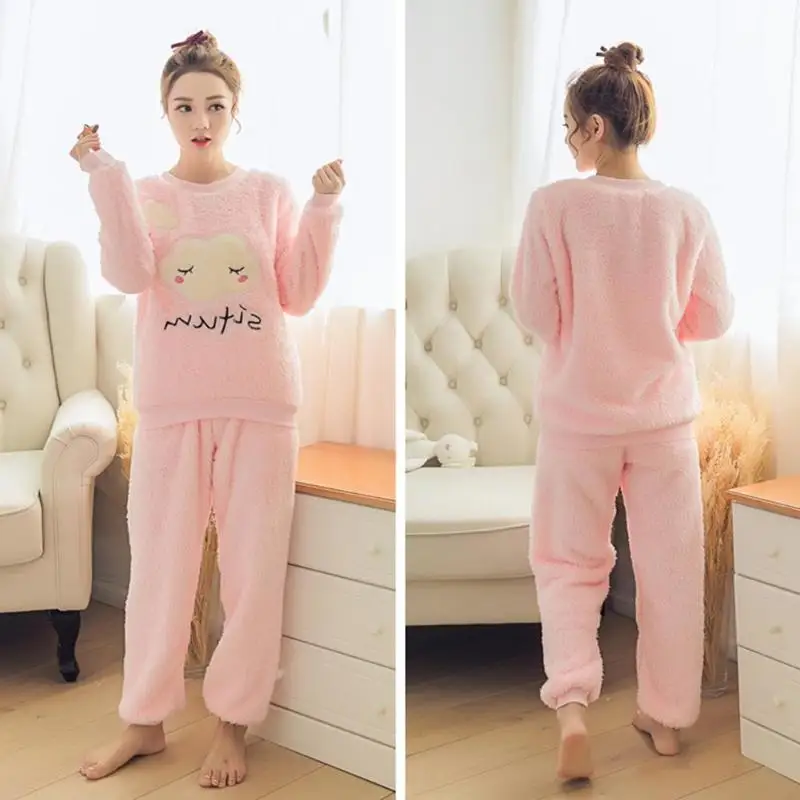 2pcs Autumn Winter Women Thin Flannel Women Pajama Set Pullover Thick Coral Velvet Long Sleeve Cartoon Homewear Dropshipping
