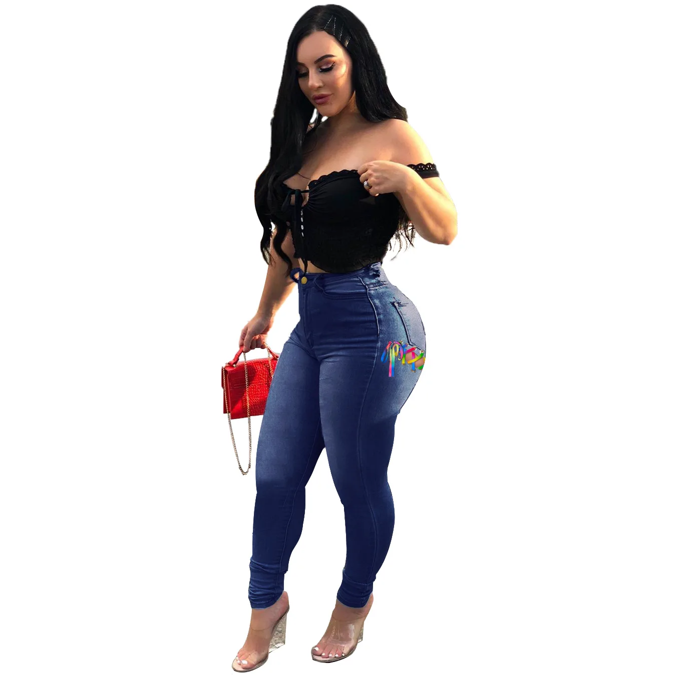 

High-waisted hip-lifting slim-fit strappy trousers women jeans mom jeans bell bottom jeans