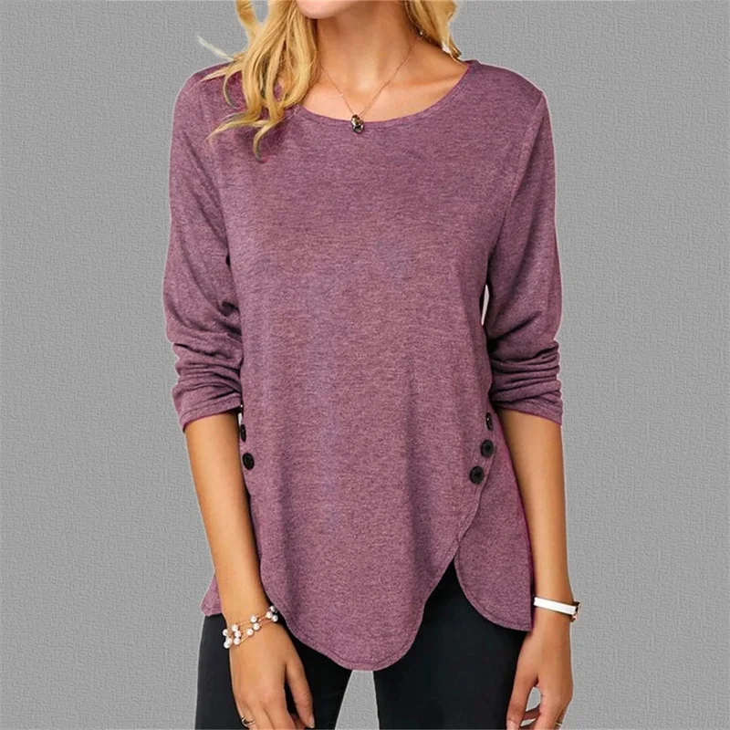 

Women's Causal Tee Shirts Solid Color Irregular Shirts Button Stitching Loose Blouses Ladies Pullover Sweatshirts Cotton