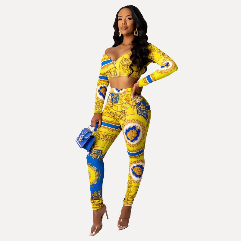 Европейский дизайн женские брюки комплект с длинными рукавами винтажный топ