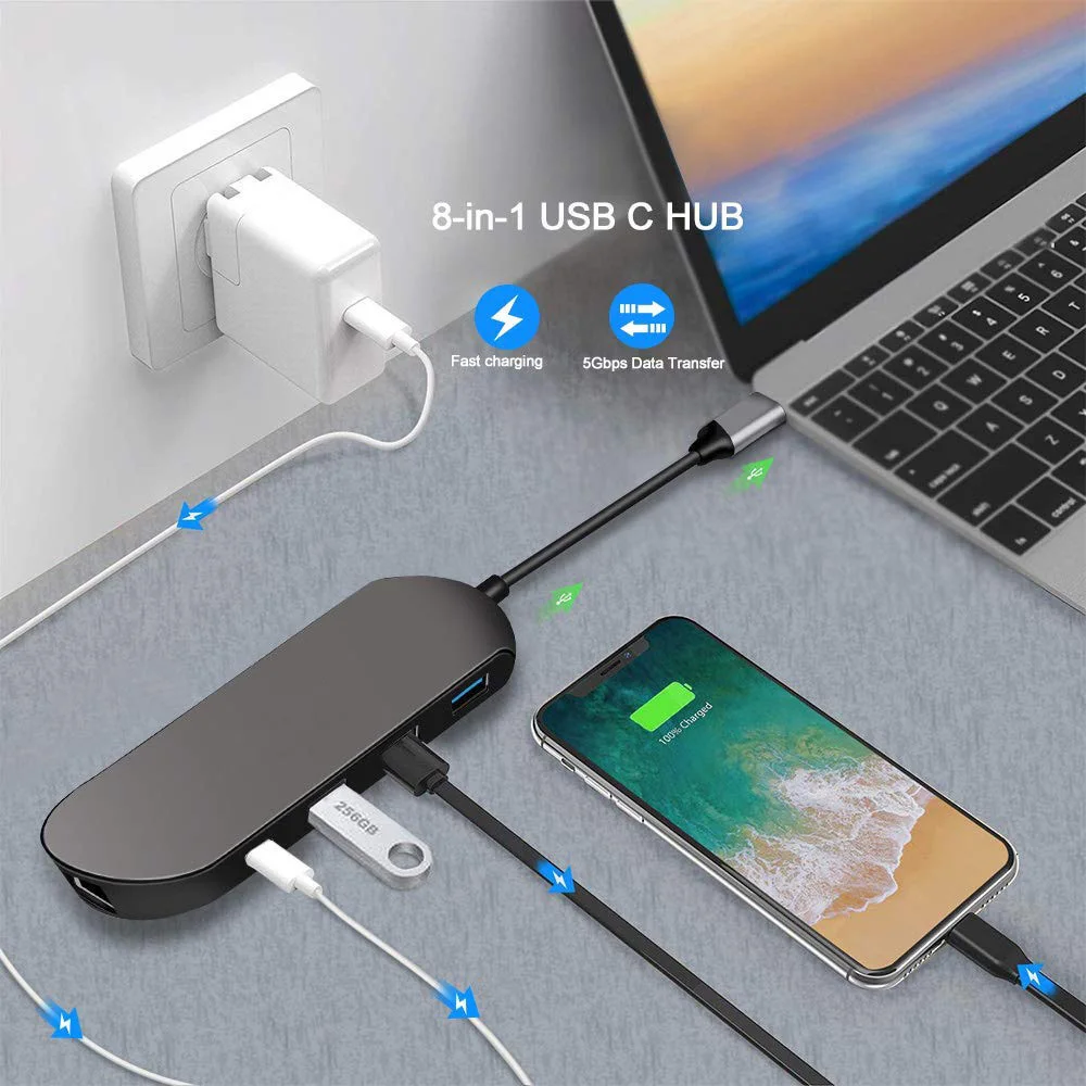 8in1 USB Тип C Hub адаптер к порту Ethernet возможна скорость 4K HDMI 3 0 порты TF/SD кард ридер PD