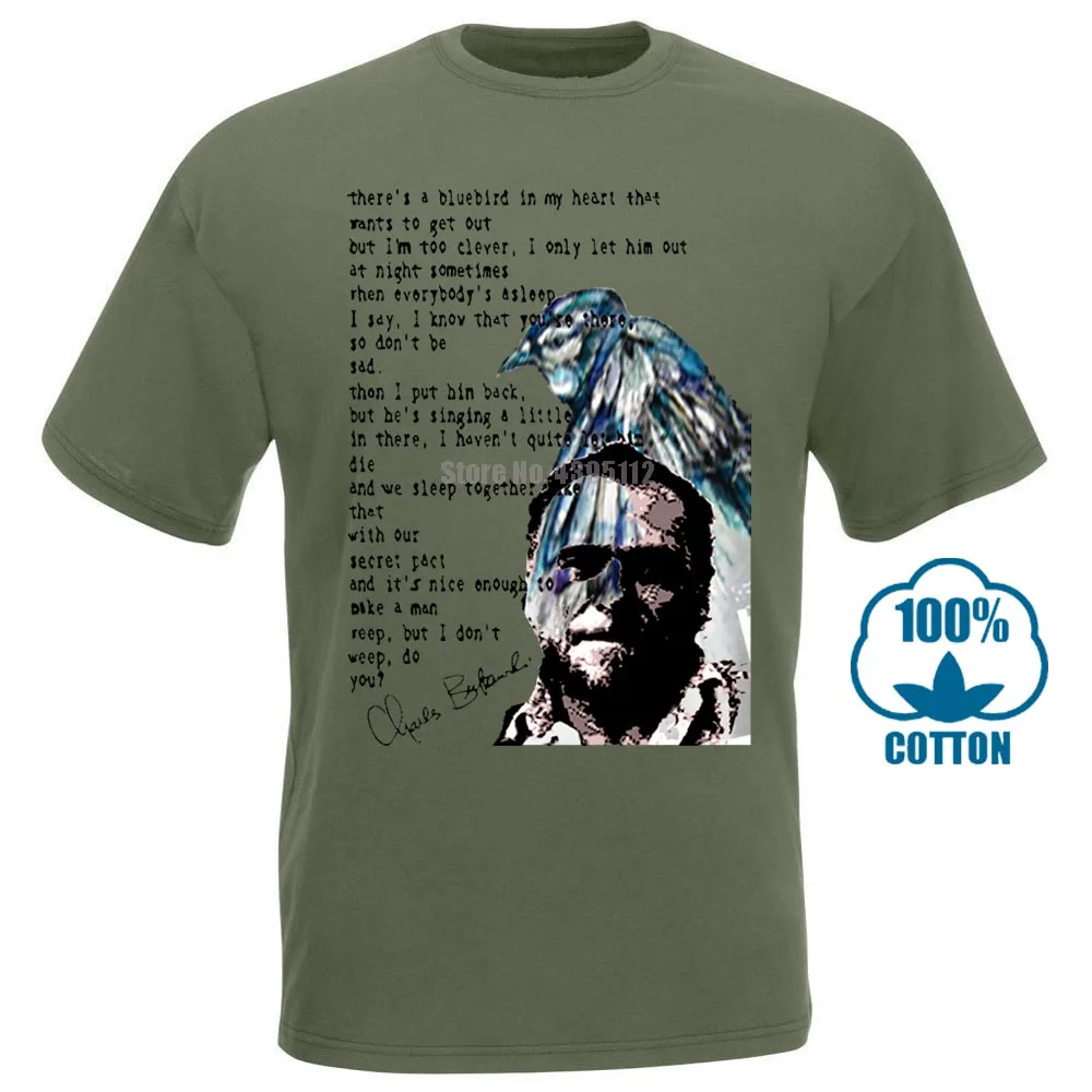 Армейский зеленый Charles Bukowski синяя птица новая белая хлопковая Футболка хипстер harajuku брендовая одежда мужская футболка Новинка топы с круглым вырезом - Цвет: Армейский зеленый