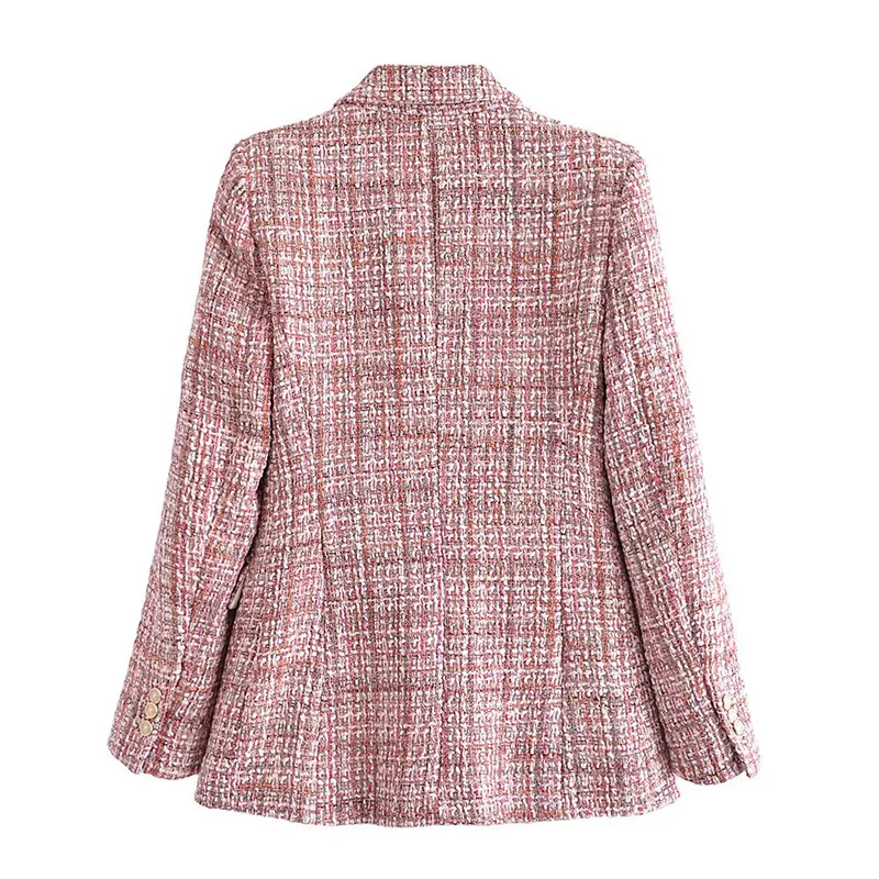 Женский твидовый двубортный пиджак с карманами приталенный деловой длинным