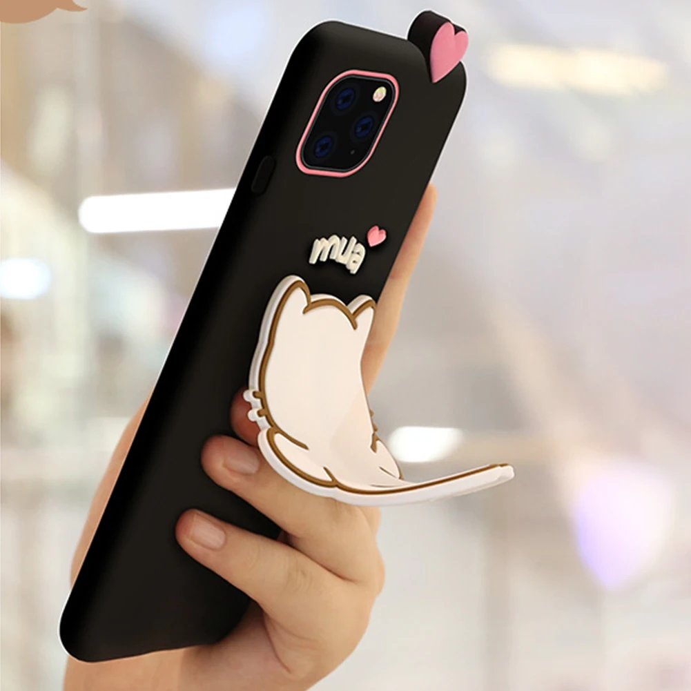 Cute Silicone Holder Case for iPhone 11 Pro Max Cartoon Cat Shape Stand Support Crossbody Lanyard Strap Rope X XS XR |