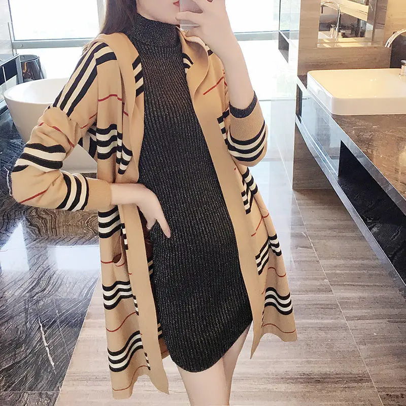 

Mid-Length Knitted Cardigan for Women 2021 Autumn and Winter New Contrast Color Striped Korean Style Loose Sweater Coat Hooded O