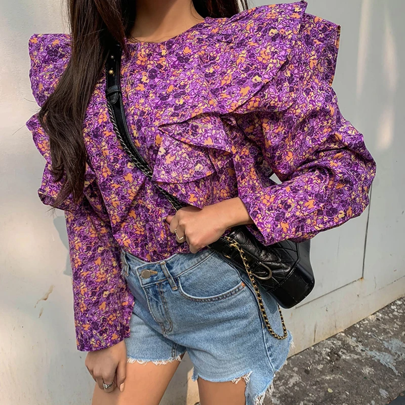 Блузка женская с цветочным принтом винтажная зеленая рубашка оборками корейский