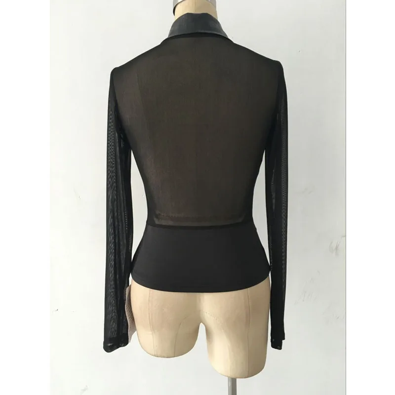 

2016 Fashion Women Blazers And Jackets Mesh Long Sleeve Slim Blazer PU Leather Collar Short Blazer Women Outerwear & Coats S2411