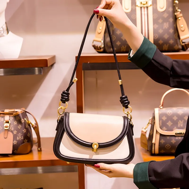 

Real Cowhide French Portable Hit Color Shoulder Bag 2021 New Crossbody Bags for Women Luxury Brand Handbags Fashionable Purses