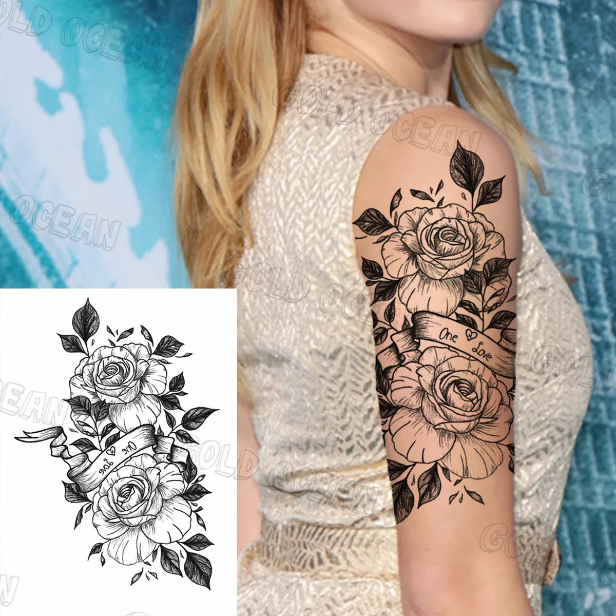 

Large Wolf Rose Temporary Tattoos For Women Men Compass Lion Flower Tiger Fake Tattoo Sticker Charming Back Tatoos Arm Paper