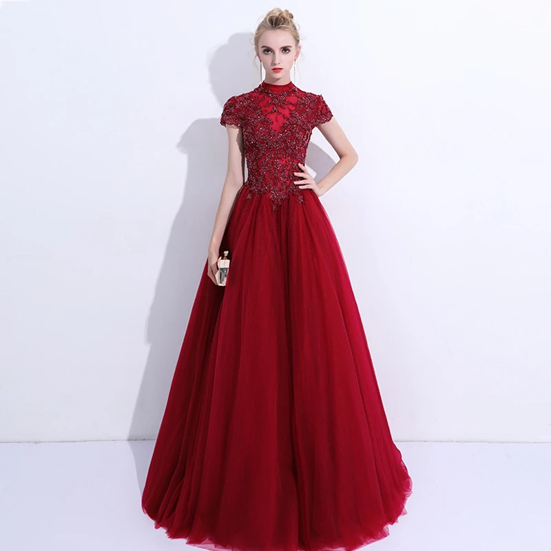 

Elegant Evening Dress Sheer Lace Bodice A Line Sequined Long Dresses For Women Formal Gown For Ladies 2021 Short Sleeve Prom