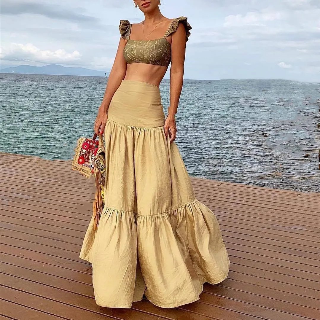 Комплект из двух предметов с цветочным принтом, Женская пляжная юбка в богемном стиле, костюмы, сексуальные короткие топы и юбка макси