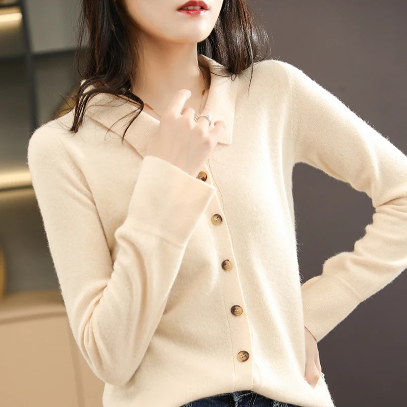 

Spring And Autumn New Style POLO Collar Women's 100% Pure Wool Knitted Cardigan Jacket Slim Fit Sweater Fashion All-Match Shirt