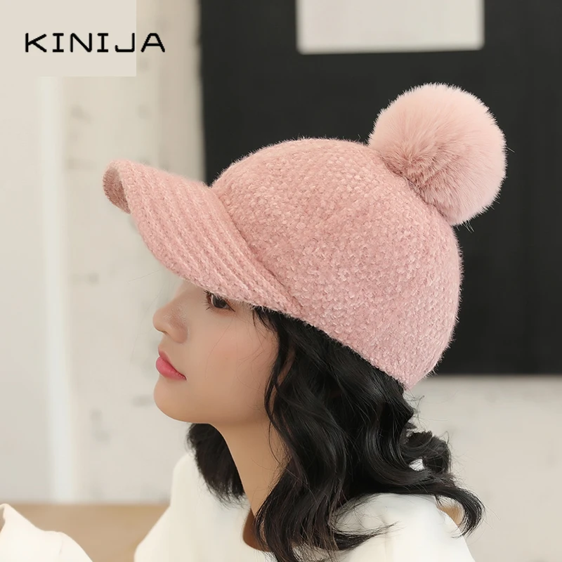 Модная шапка для девочек осенне зимняя со съемным меховым помпоном бейсболка