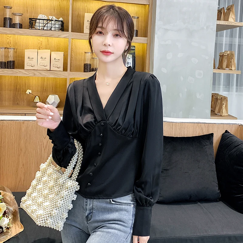 KINOMI 2019 New Autumn Long Sleeve Elegant Short Blouse Female V-Neck OL Style Women Fashion Blouses Shirts Office Lady White |