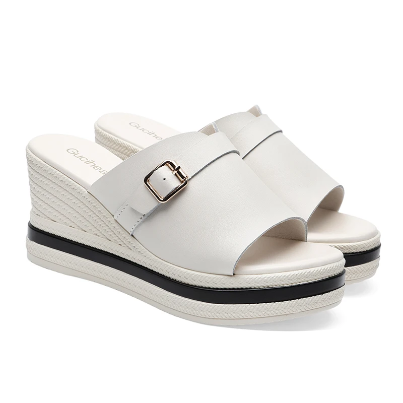 

Sandasl Woman Wedges Heels Platform Women Shoes Slip-on Women Sandals Casual Outdoors Genuine Leather Women Slides 3-6003