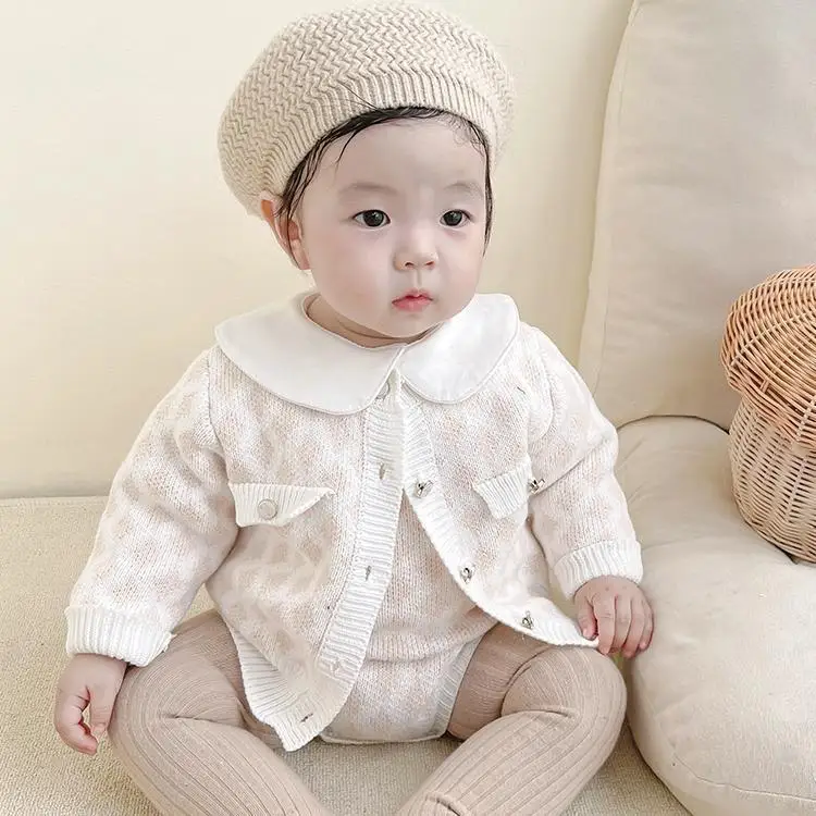 Wholesale 2022 Autumn New baby boy and girls clothes suit jacquard square 100% cotton yarn knitted romper + Coat two-piece set