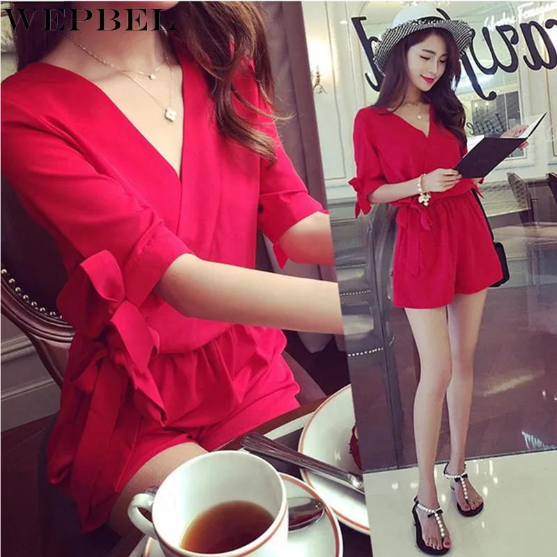 

WEPBEL New Bow Bandage Women Jumpsuit Summer Sexy V Neck Short Sleeve Shirt Chiffon Elegant Rompers Casual Solid Playsuit