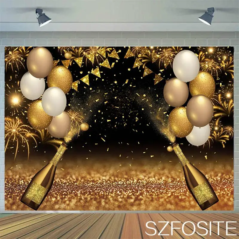 

Champagne Balloon Fireworks Party Theme Golden Background Cloth Children Birthday Table Decoration Photography Photo Backgroun