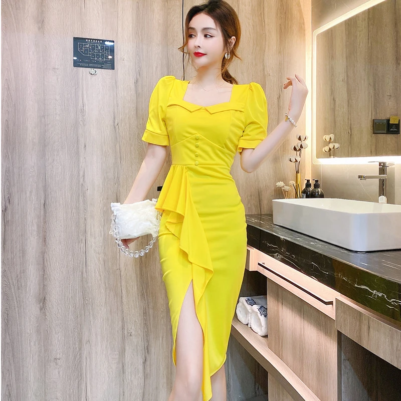

Small Evening Dress Female Summer 2021 Banquet Temperament Ruffled Short Pleated Casual Short Sleeve Vestidos French High Waist