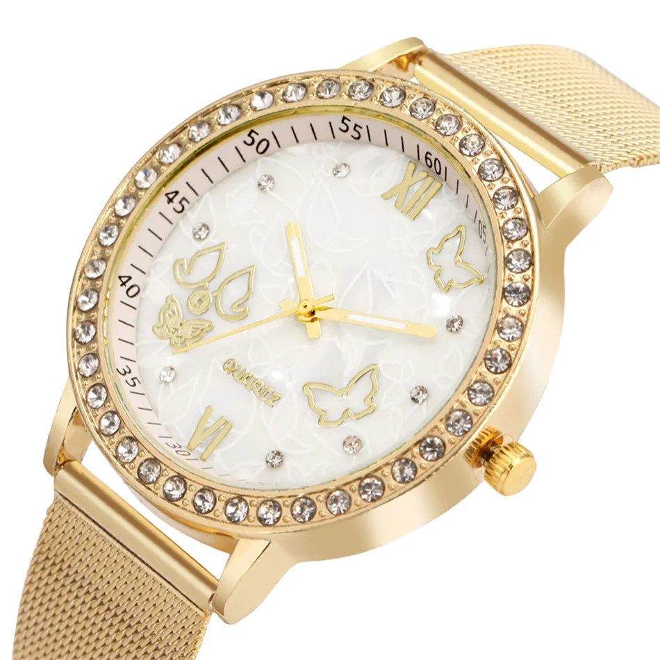 

Fashion Butterfly Dial Design Lady Watches Quartz Wristwatch Gold Mesh Wristband Trendy Women Watch Casual Female Timepiece
