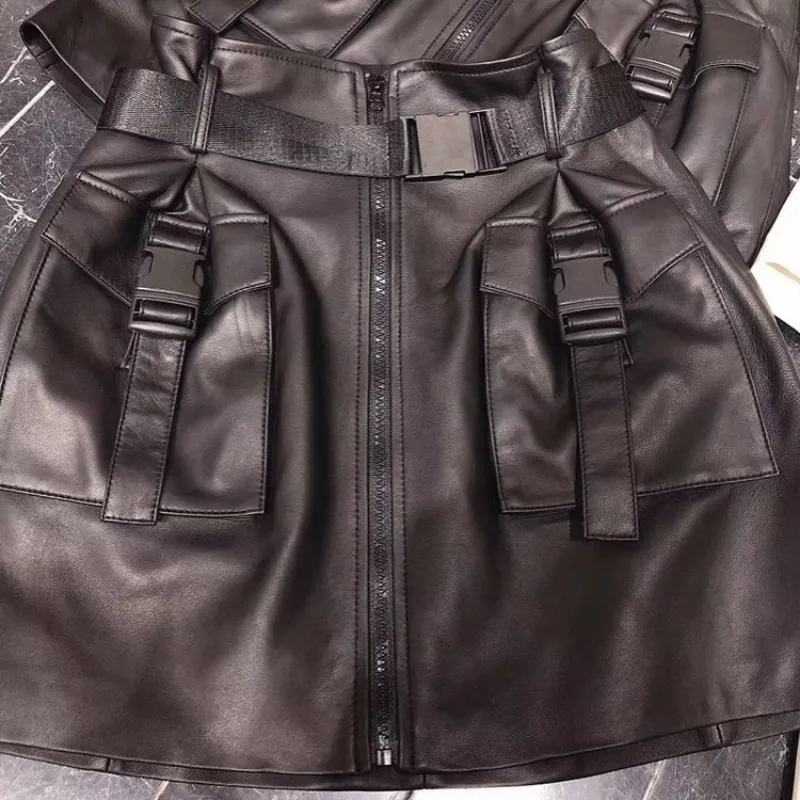 

Women Biker Black Natural Leather Mini Skirts Safari Style Multi-Pockets High Waist A-Line Skirts Punk Slim Fit Skirt Shorts