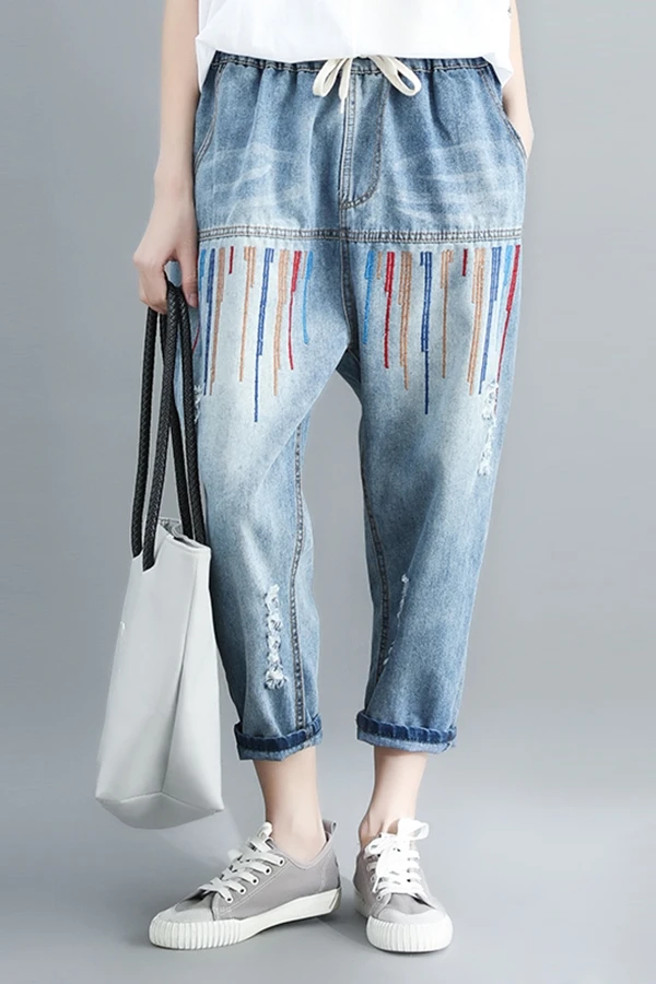 

Jeans Harem-Pants Women Trousers Patchwork Colorful Pattern Ripped High-Waist Fashion Female DM001