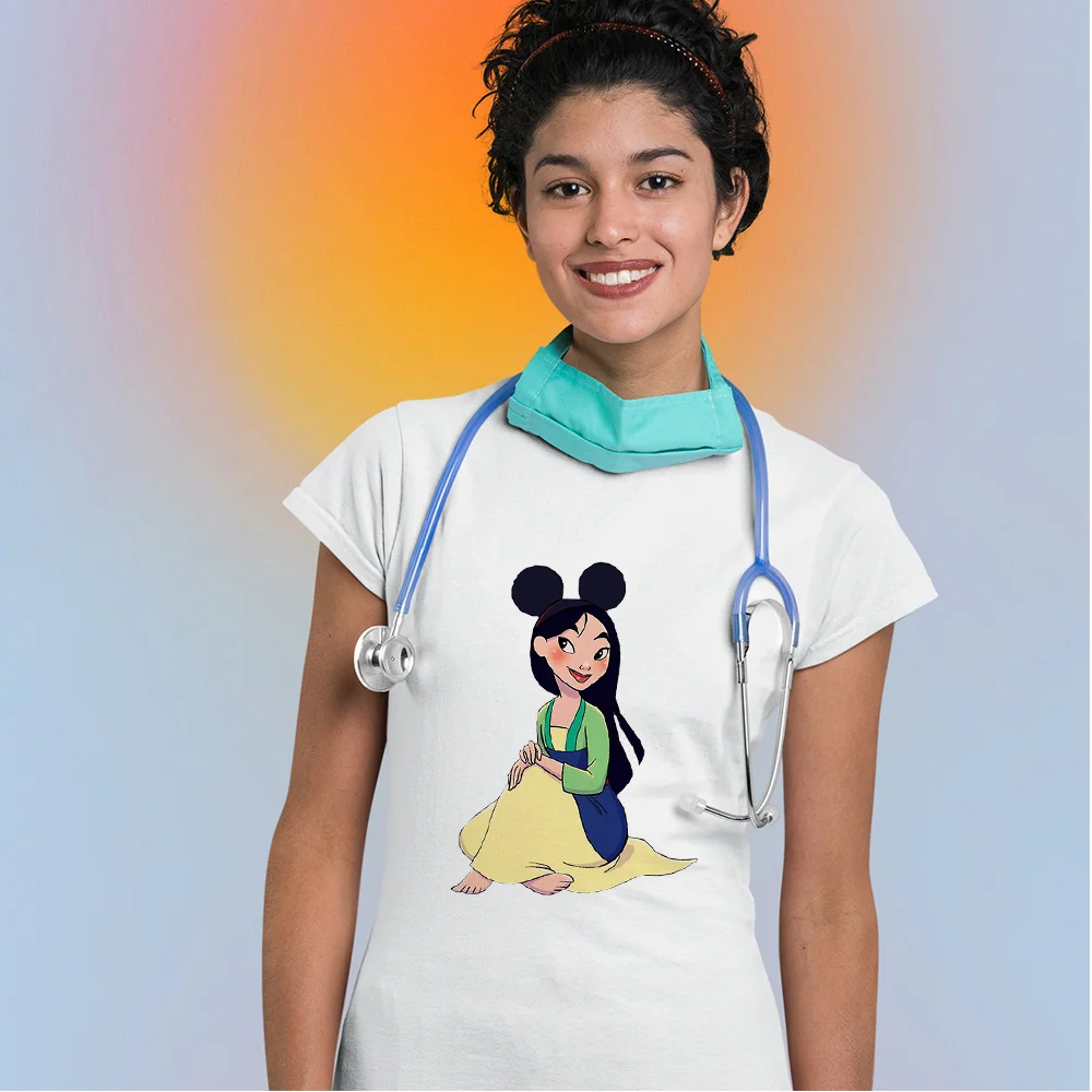 

Disney Princess Mulan Woman T-shirt Casual Cartoon Pattern Summer Pullover Girl Tee Shirt European American Trend Short Tshirt