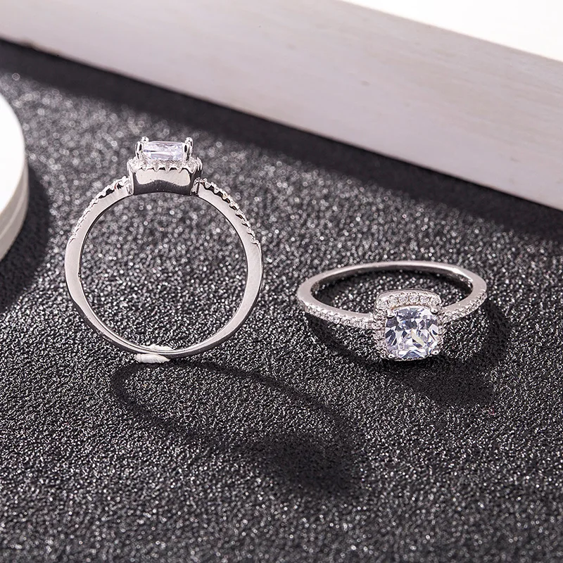 

S925 Sterling Silver Micro Inlaid Square Diamond Ring Classic Single Diamond Joint Rings Jewelry Anniversary