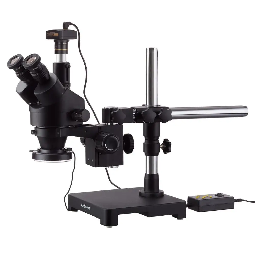 

3.5X-180X Black Trinocular Stereo Zoom Microscope on Single Arm Boom Stand + 144 Direction Adjustable LED Ring Light & USB2.0 5M