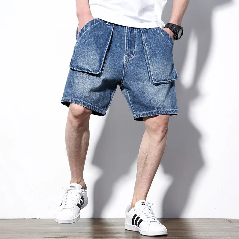 

Denim Shorts Men 2020 Summer New Japanese Large size Solid color Casual Tooling Five Points Shorts Men's Loose Denim Shorts