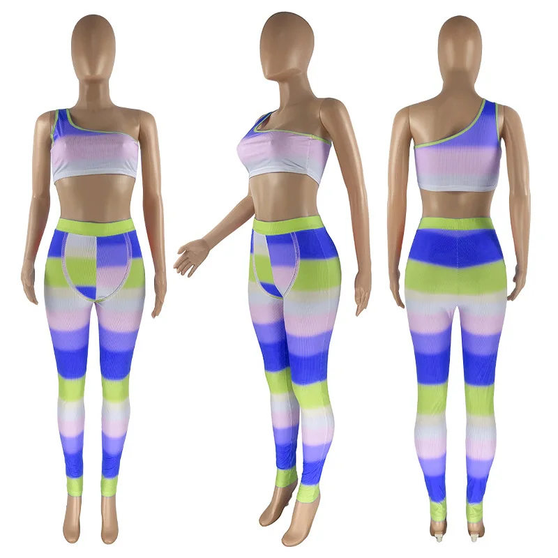 

2021 Summer New Style Women's Clothing Colorful Gradient Color Positioning Printing Two-Piece Suit