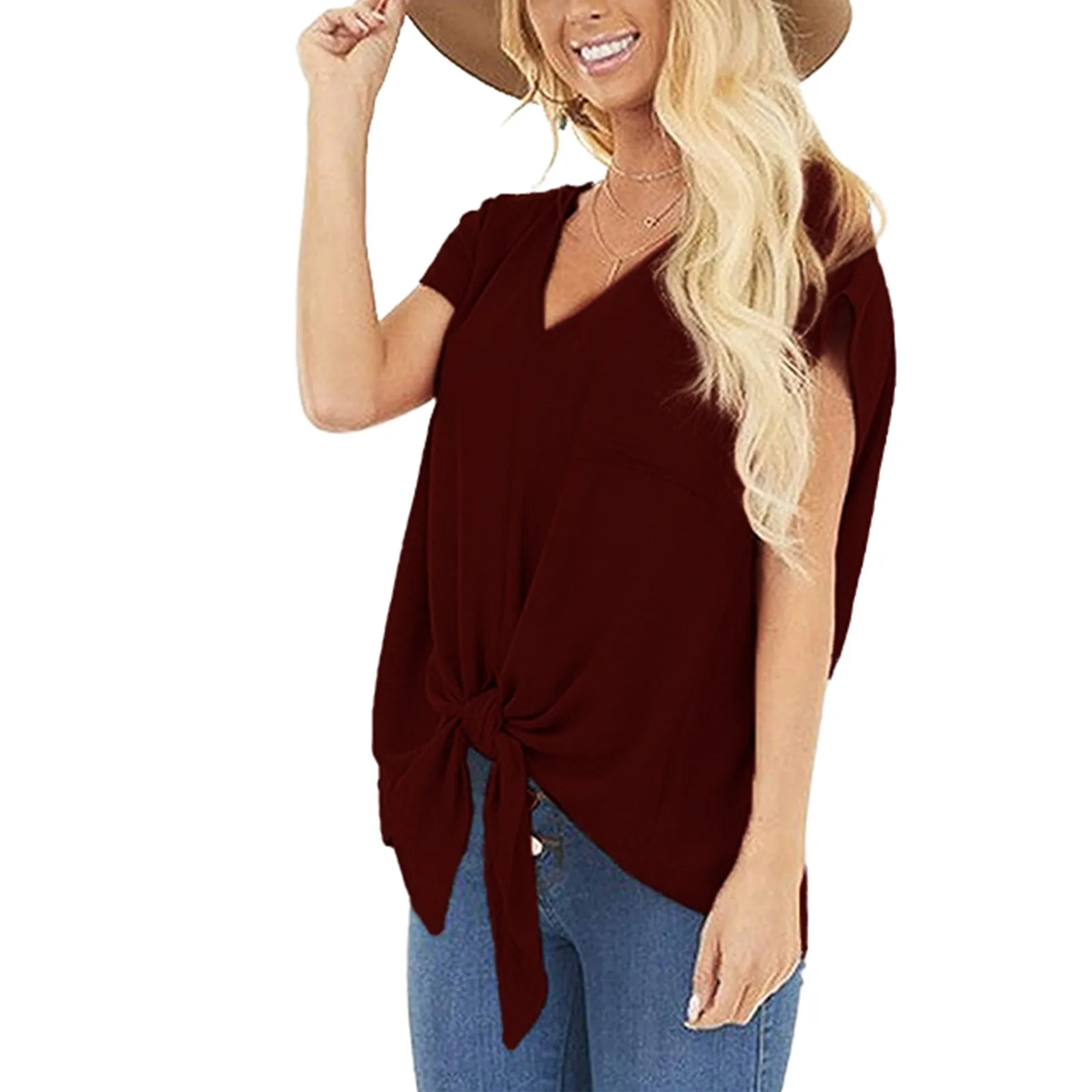 

Ladies Chiffon Short Sleeve T-shirt Sexy Deep V-neck Solid Color Pocket Loose Short Sleeve Chiffon Top Solid T-shirt Pocket Shir