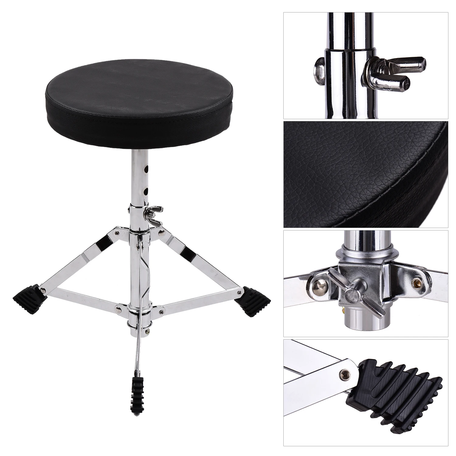

Juniors Drum Throne Round Padded 3 Levels Adajustable Drum Seat Stool Single-braced Stainless Steel Legs Anti-slip Drum Parts