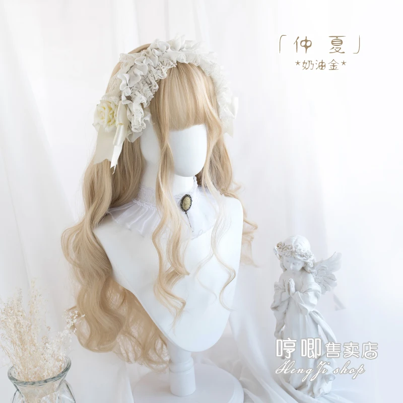 

Cream Gold Harajuku Lolita Double Ponytail Wig Women Long Curls Hair Anime Bangs Periwig Cosplay Sweet Girl Cute Synthetic Fiber