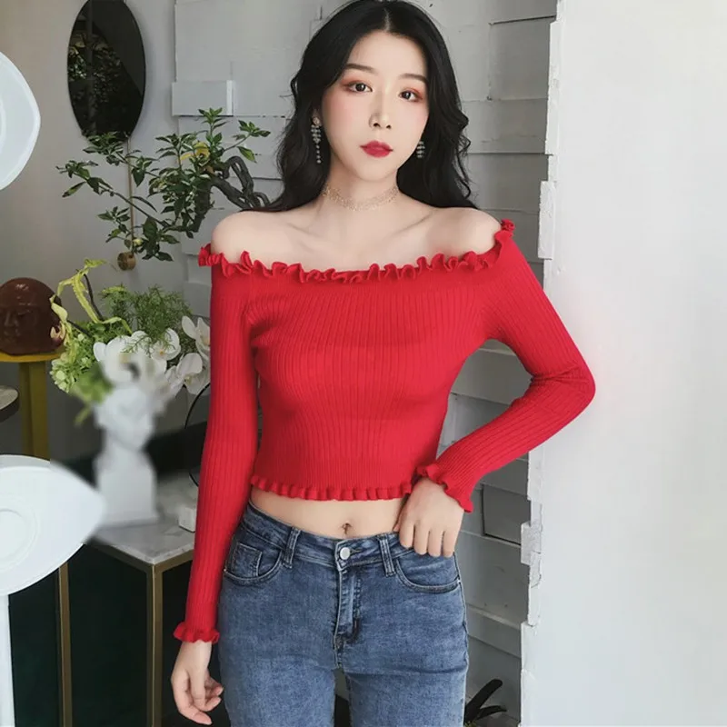 Новые корейские свитера Женский вязаный топ с вырезом лодочкой и открытыми