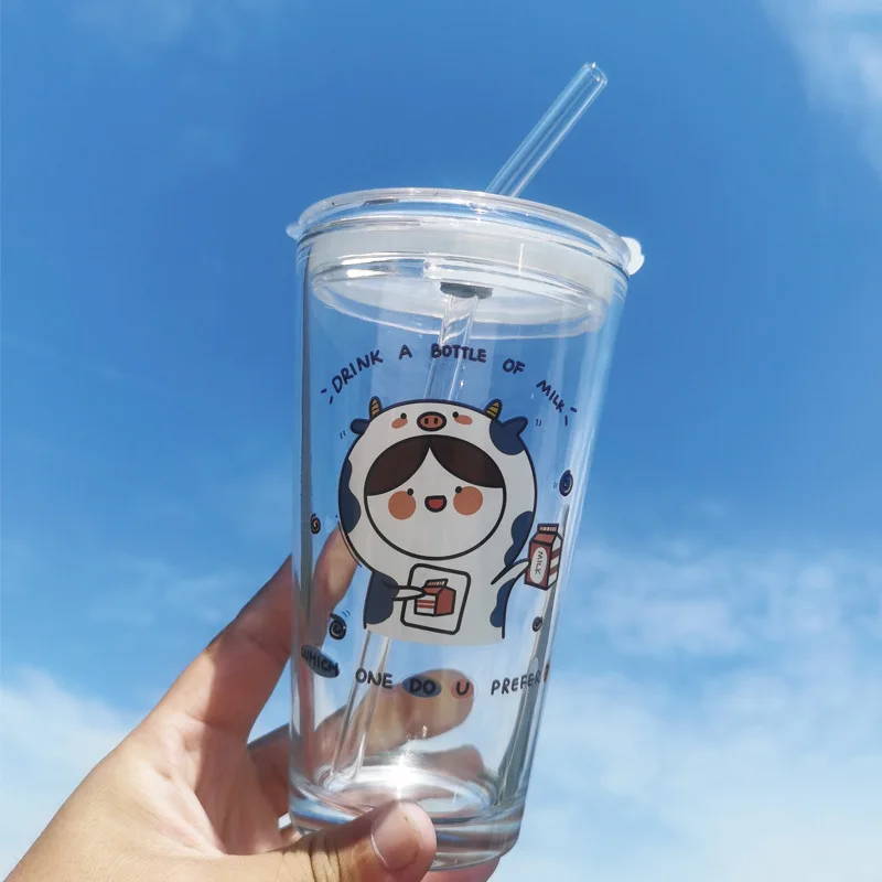 

Glass cup ins wind straw cup Korean girl heart home high-value cartoon printing milk cup large-capacity cup