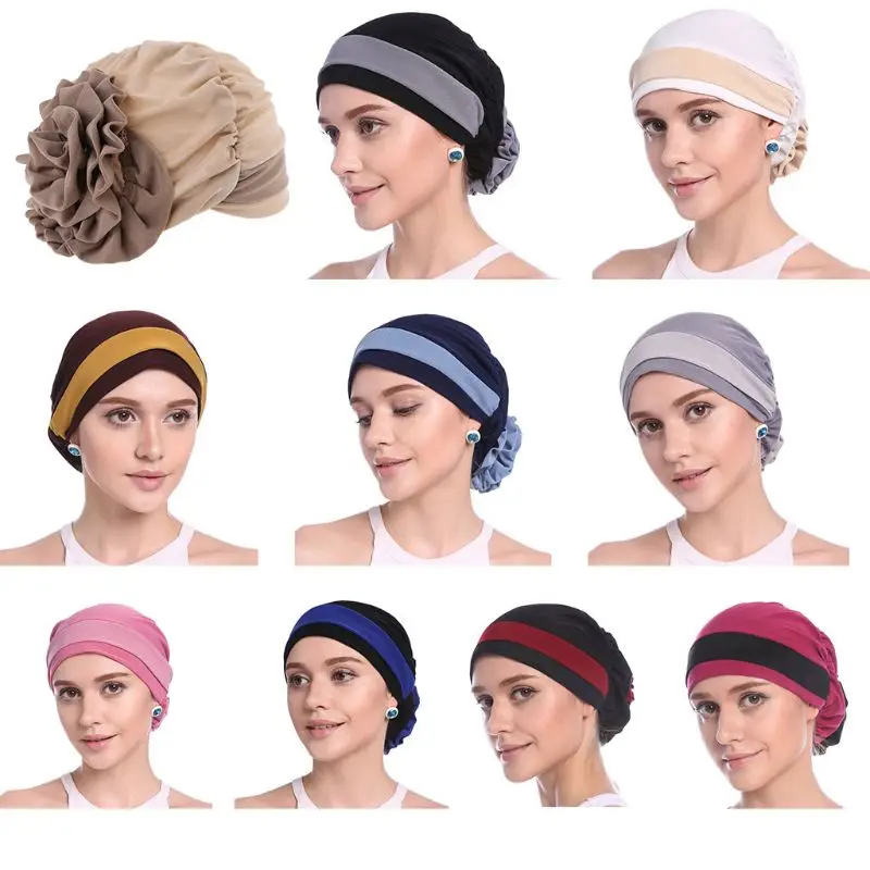 

Womens Elegant Stretchy Flower Block Color Muslim Turban Chemo Cancer Cap Beanie A0KD