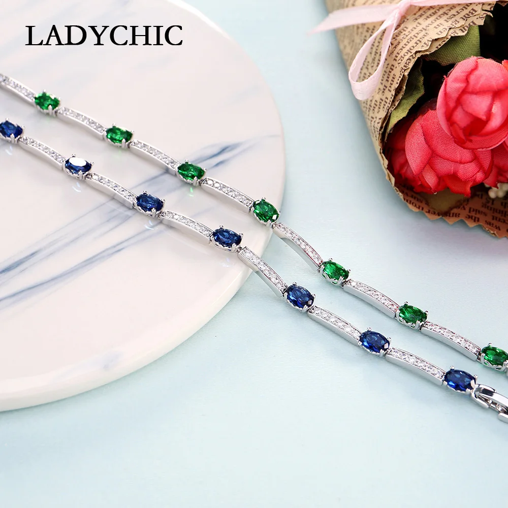 LADYCHIC роскошный голубой зеленый овальный циркон серебряный цвет браслеты очаровательный кристалл невесты свадебные украшения для женщин Модный браслет LB1001